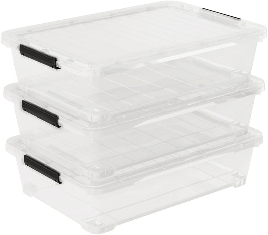 3-Pack Under Bed Wheeled Storage Box, 40 Qt Underbed Plastic Containers Bins with Secure Latch Lids and Sturdy Wheels, Clear