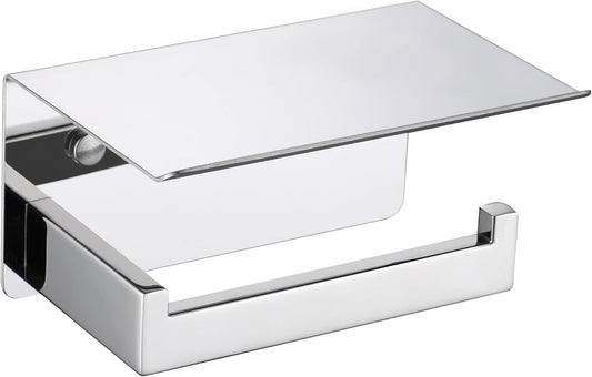 LANC Toilet Paper Holder with Shelf Silver Chrome Toilet Tissue Roll Holder with Wipes Shelf for Washroom Wall Mounted or Self-Adhesive Toilet Paper Roll Holder Stainless Steel, A8367CP