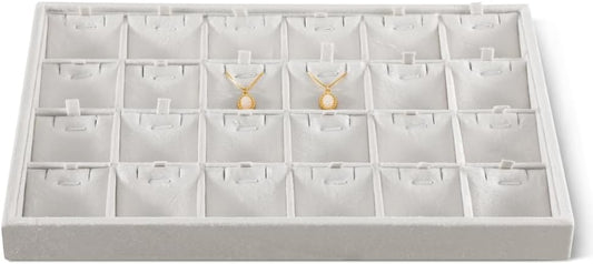 Velvet Necklace Display Tray, Stackable 24 Grid Insert Pendant Necklaces Storage Holder Plate, Jewelry Retail Countertop Organizer (White)