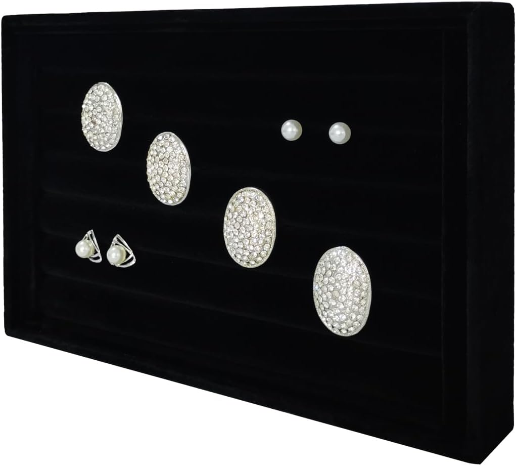 Velvet Rings Display Tray 7 Slots Ring Stud Earrings Organizer Holder Jewelry Storage Tray for Women(Black)