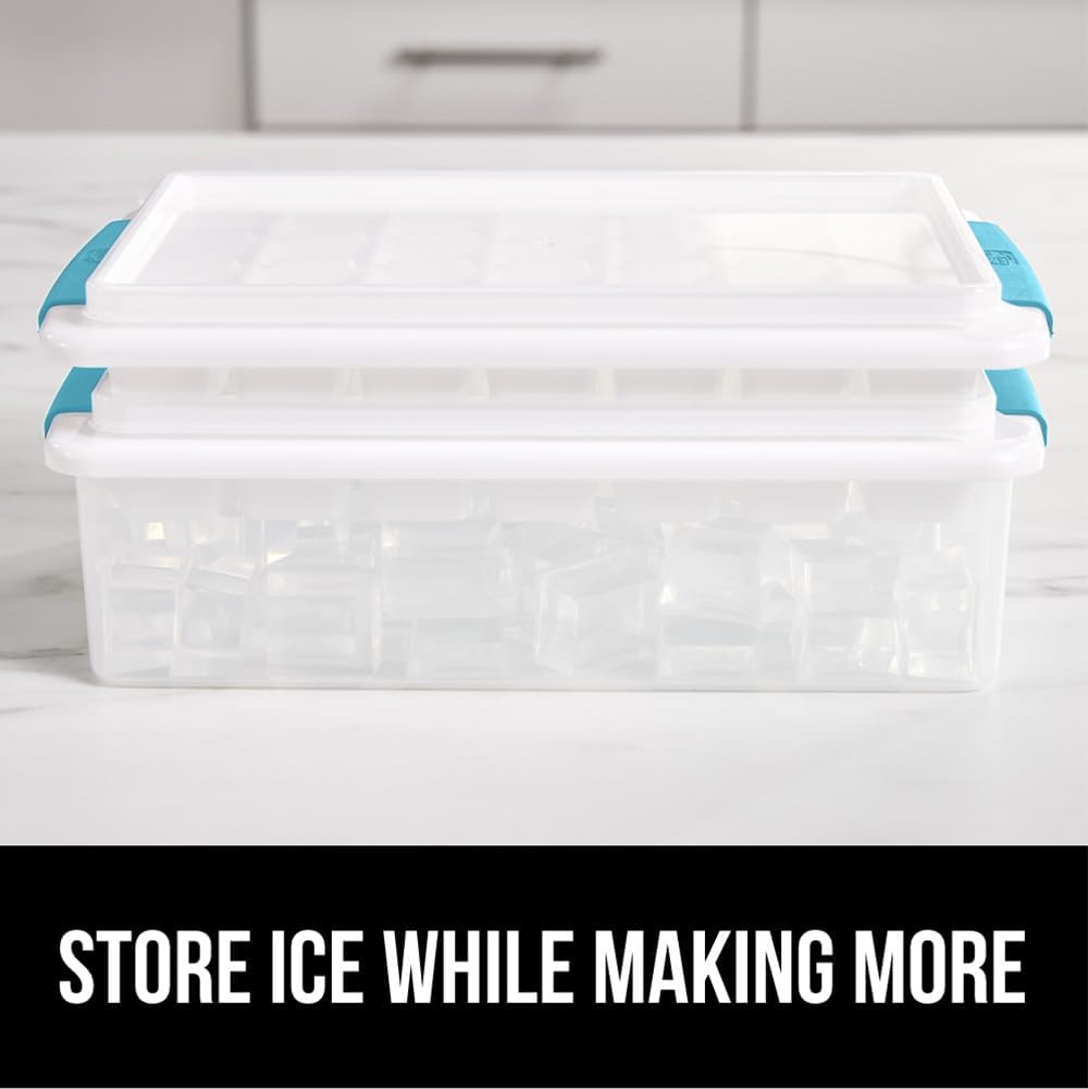GORILLA GRIP BPA-Free Easy Release Ice Cube Tray for Freezer, Make Lots of Ice, 56 Cubes Total, Kit Includes 2 Stackable Leakproof Trays with Lid and Soft Handle Grips, Scooper, Bin, Turquoise