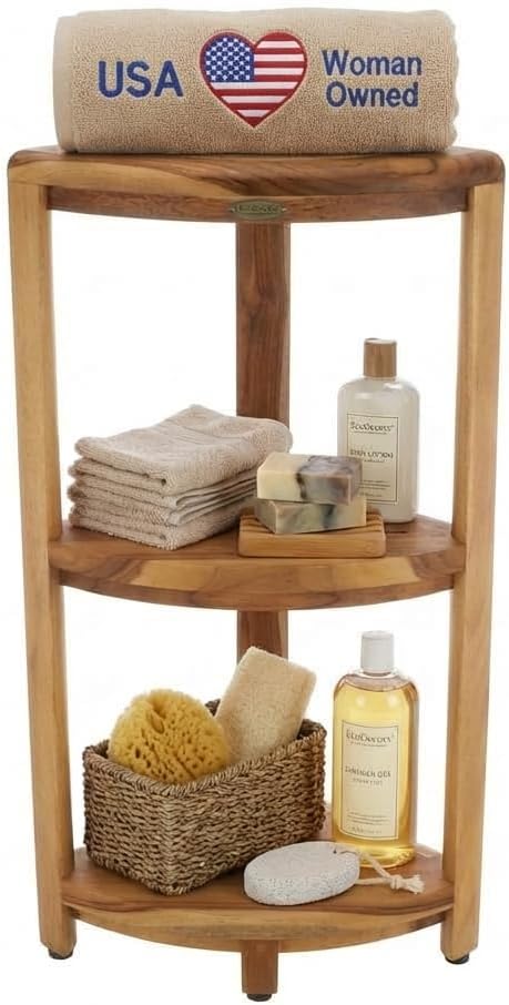 EcoDecors SnazzyCorner Natural Teak Corner Shower 3 Tier Shelf – Bathroom Organizer | Natural Wood Colors | Waterproof Teak Shower Caddy | Bathroom Storage & Organization | 33 Inches Tall