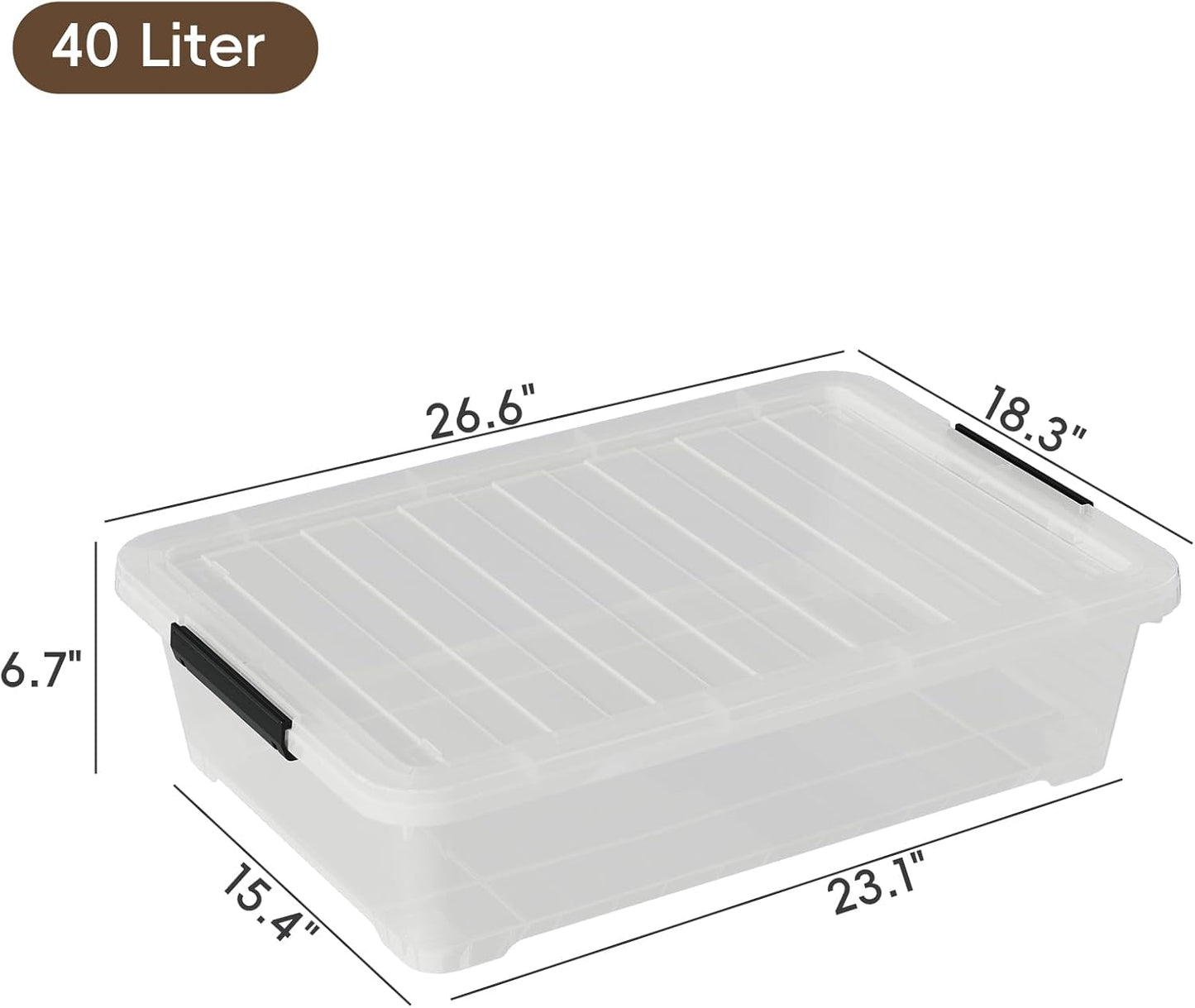Saedy 4 Pack 40L Plastic Underbed Storage Container Box with Wheels, Clear