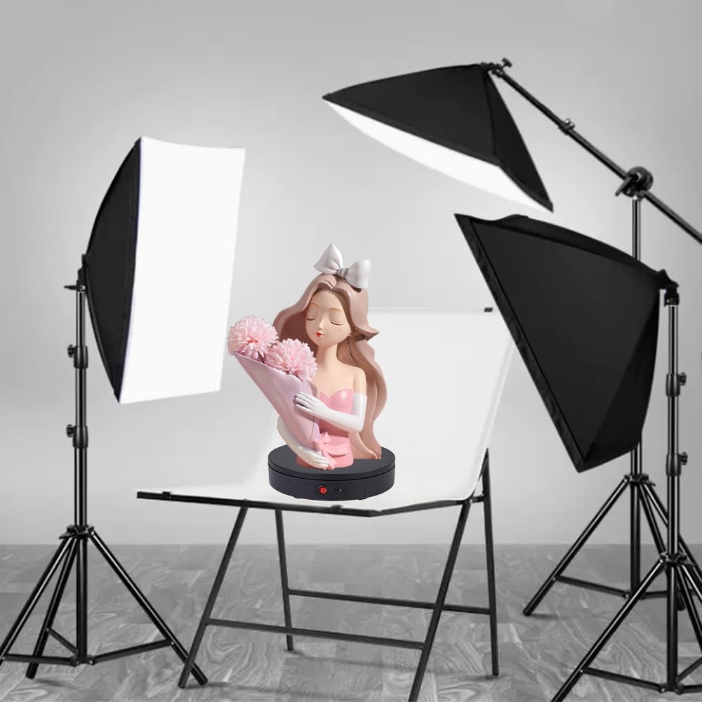 JAYEGT Motorized Rotating Display Stand，180 Lbs Load，360 Degree Electric Rotating Turntable for Photography Products Display，Live Show,Remote Control +5 Colors Backgrounds(Black / 8.66inch / Rechargeable)