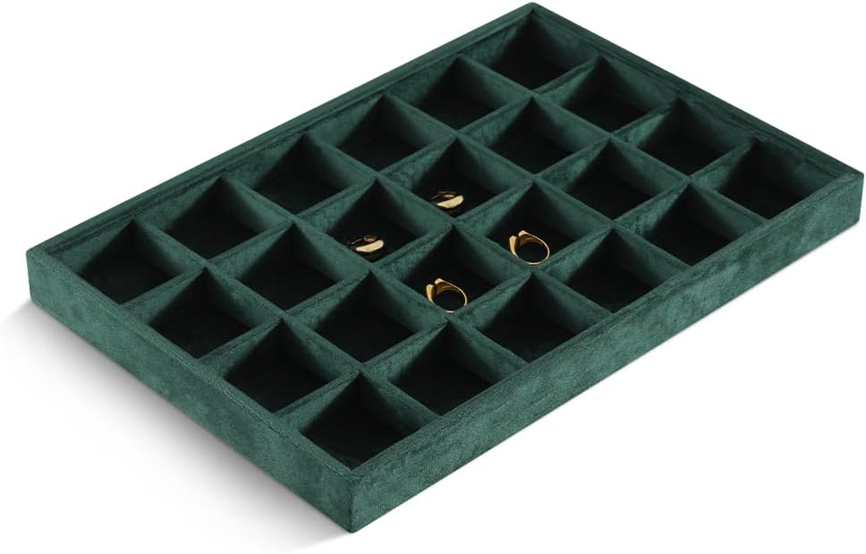 Velvet Stackable Jewelry Display Tray, 24 Grid Earring Ring Storage Tray, Drawer Divider Jewelry Accessories Organizer Plate (Green)