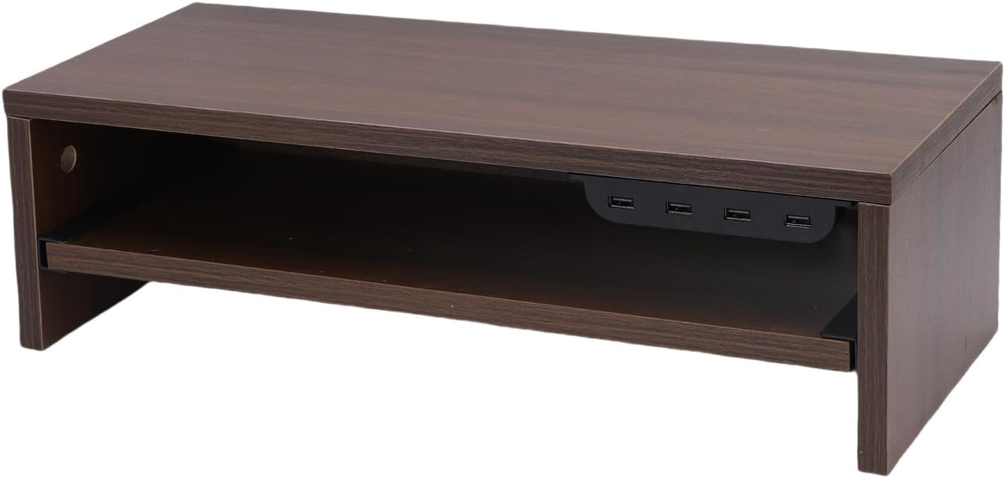 BAFOVY Desktop Monitor Stand Riser with USB Hub and Drawer, 20-Inch Wooden Desk Organizer for Laptop and Computer Screens, 15cm Height Adjustable Solution (Walnut Brown)