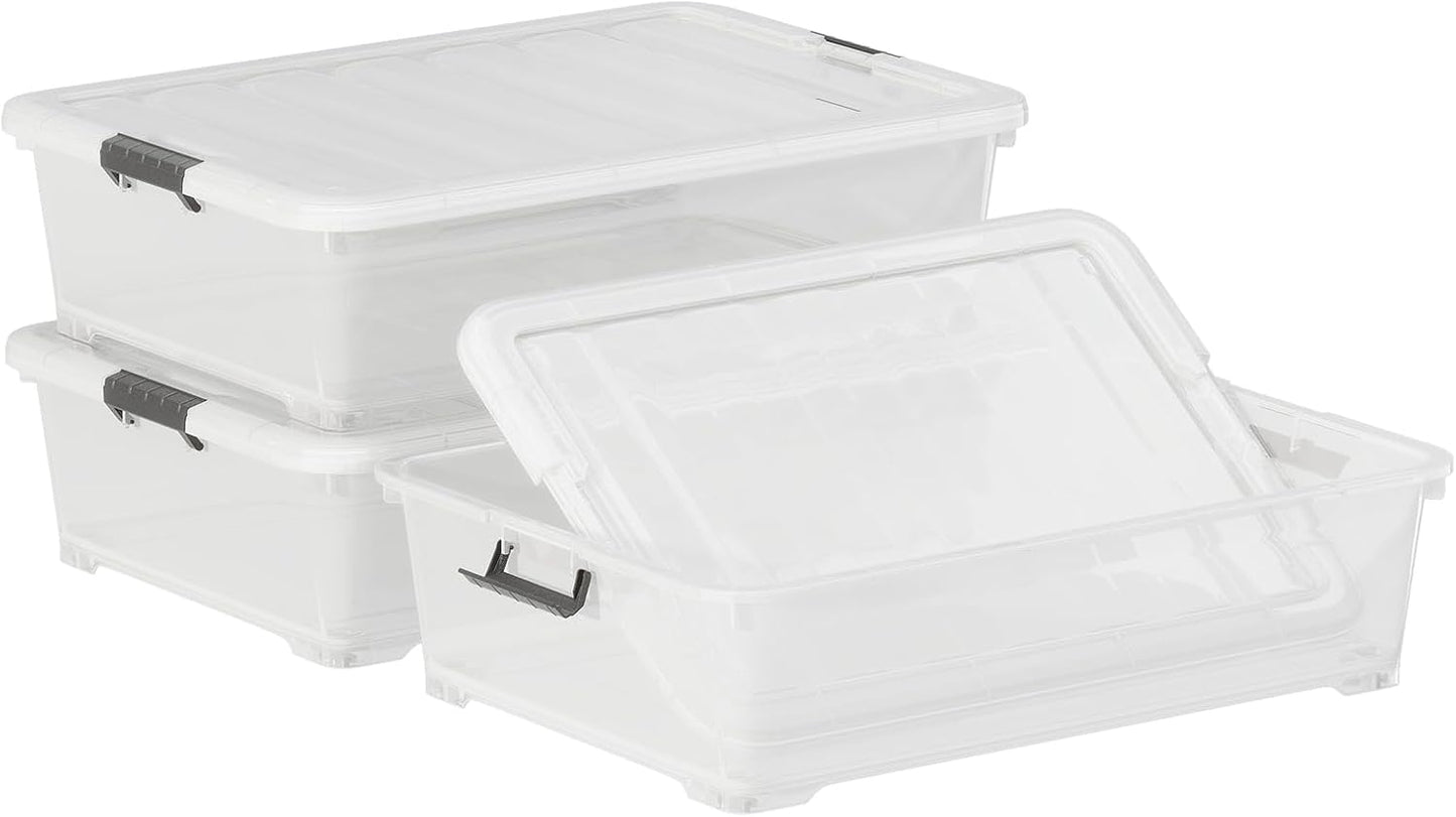 Xyskin 50 Quart Under-Bed Storage Container Organizer Bin with Latching Lids, Large Wheeled Storage Box for Garage, Closet, Clear, 3 Pack