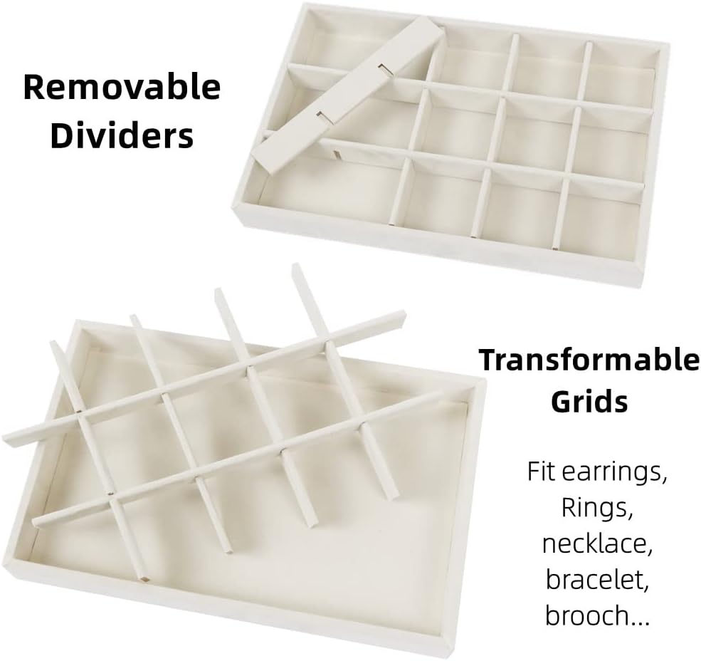 Set of 4 Stackable Jewelry Trays Organizer, Velvet Earring Organizer, Jewelry Organizer Showcase Display Drawer Organizer Storage, Earring Holder Necklace Bracelet Ring Accessary Organizers (Beige)