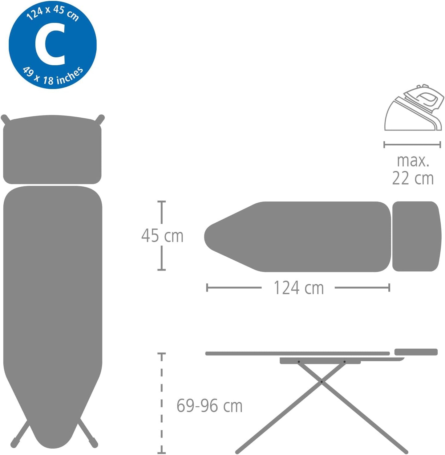 Brabantia - Ironing Board C - Extra Large Steam Unit Holder - Adjustable in Height - Non-Slip Rubber Feet - 100% Fair Trade Cotton Cover with Foam Layer - Foldable XL Unit - New Dawn - 49 x 18 inches