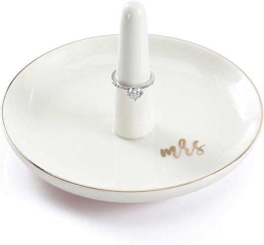HOME SMILE Mrs Ring Holder Jewery Tray-Monogrammed Engagement Gifts for Friends,Birthday Mother's Day Christmas Gifts for Women,Ceramic White…