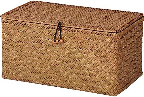 DOKOT Rectangular Handwoven Seagrass Storage Basket with Lid for Shelves and Home Organizer Bin, (M (12"x7"x6"H), Brown)