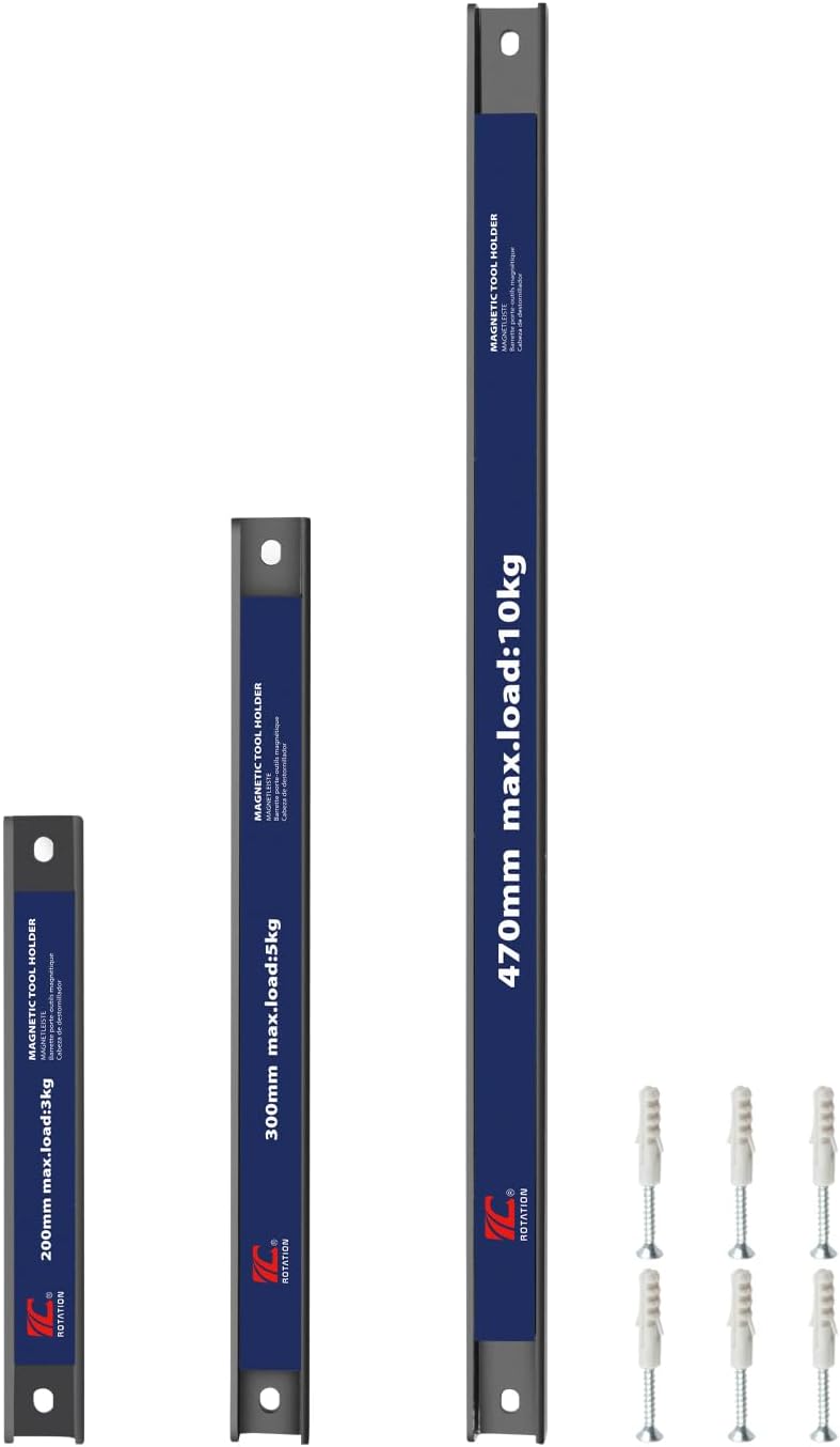 ROTATION Magnetic Tool Holder Set, 18.5”/11.8”/7.8”, 3-Piece Multi-Size Workshop Garage Kitchen Organizer, Heavy Duty Magnet Strips with Mounting Hardware