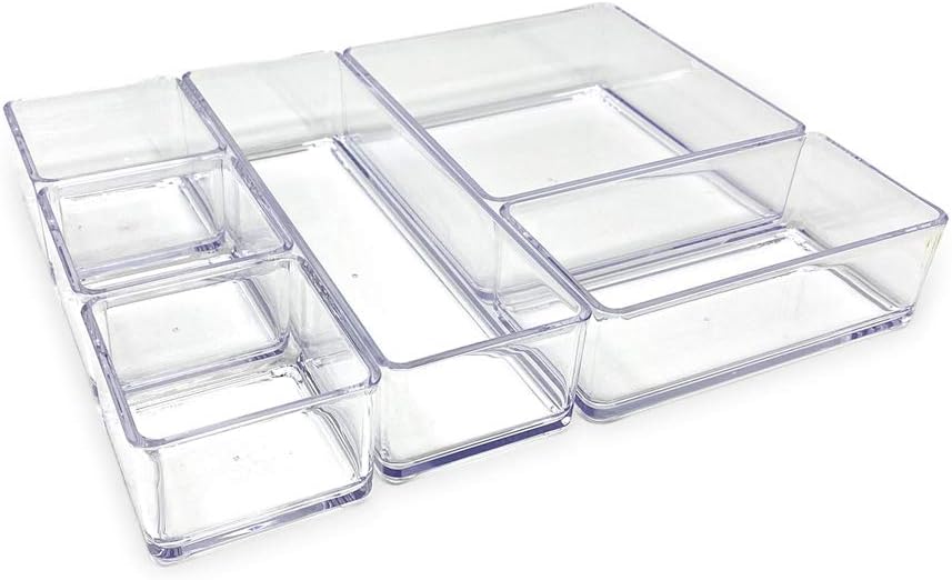 Isaac Jacobs 6-Tray Clear Acrylic Organizer Set, (Six Individual Trays), Multi-Purpose, Stackable Storage Solution for Makeup, Crafts, Desk, School, Office Supplies & More, for Bathroom, Kitchen
