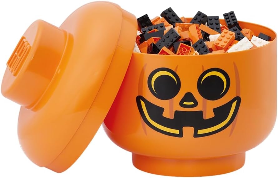 Room Copenhagen, LEGO Storage Heads Stackable Storage Container - Buildable Organizational Bins for Kid’s Toys and Accessories - 9.45 x 9.45 x 10.67in - Large, Pumpkin, Holds 500 Bricks