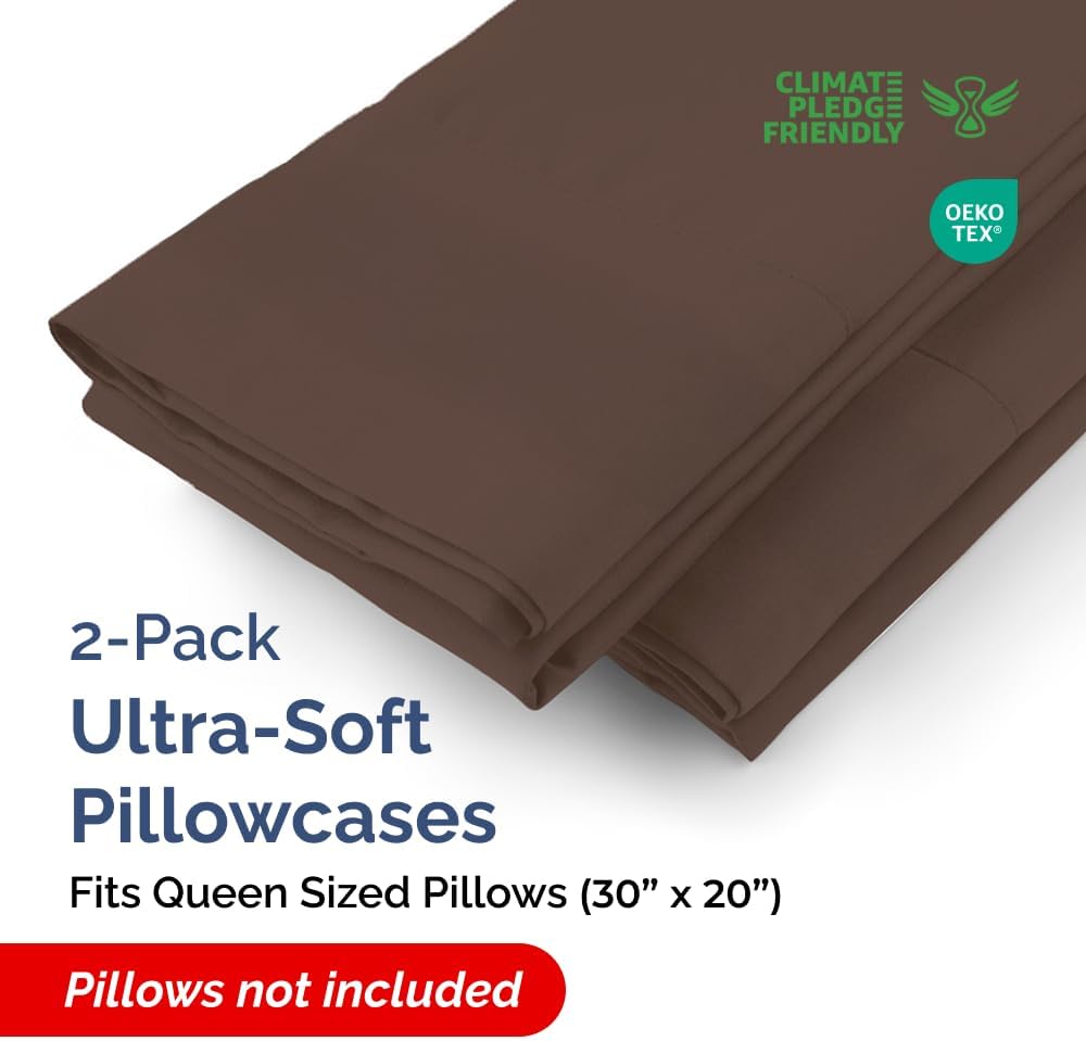 Queen Pillow Cases - 2 Pack - Super Soft Pillowcase Covers - Envelope Enclosure - Hotel Quality Pillow Protectors - Wrinkle Free, Fade, Shrink & Stain Resistant - Machine Washable - 20" x 30" (Brown)