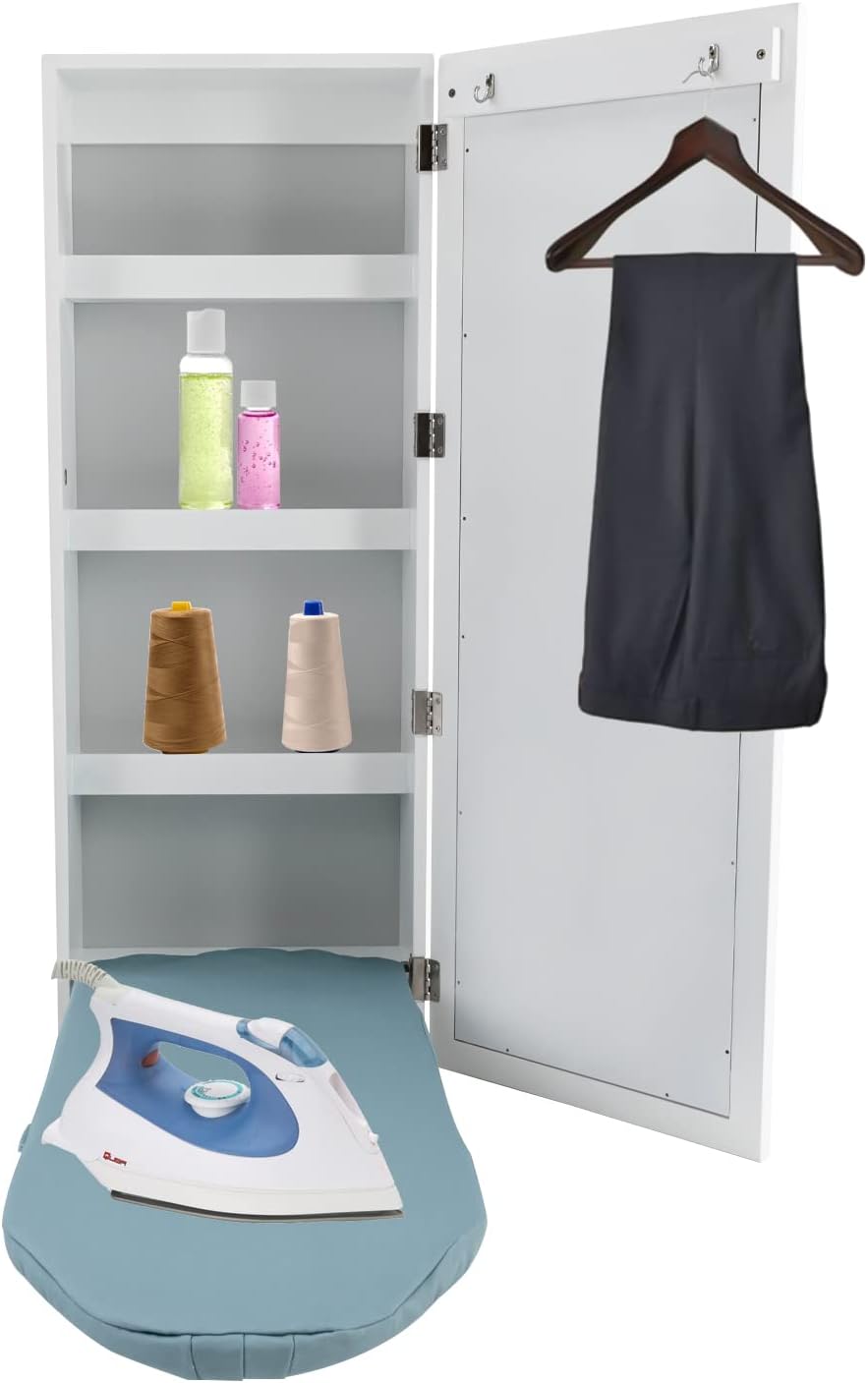 Wall Mounted Ironing Board Cabinet,Foldable Hanging Ironing Board with Mirror,Compact Mount Fold Down Iron Board for Small Spaces White