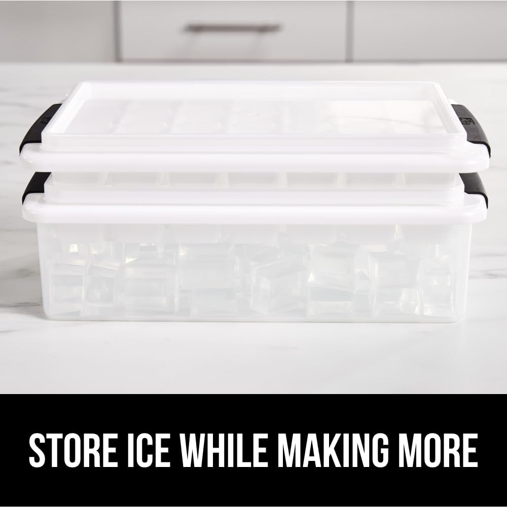 GORILLA GRIP BPA-Free Easy Release Ice Cube Tray for Freezer, Make Lots of Ice, 56 Cubes Total, Kit Includes 2 Stackable Leakproof Trays with Lid and Soft Handle Grips, Scooper, Bin, For Coffee, Black
