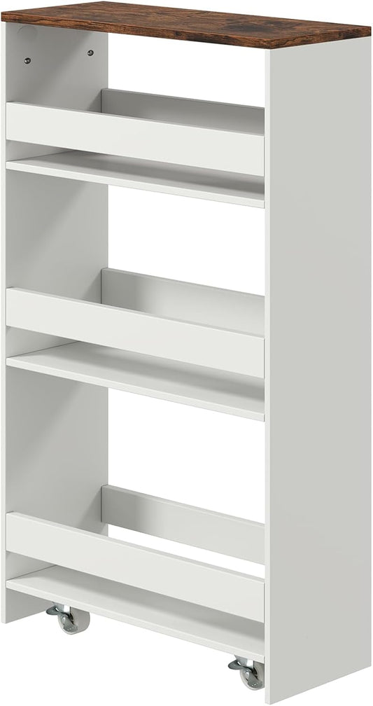 POWERSTONE 4-Tier Slim Storage Cart, Narrow Kitchen Rolling Cart w/Handle & Open Shelves, Skinny Slide Out Utility Organizer Trolley for Kitchen Bathroom Laundry Small Spaces White & Rustic Brown