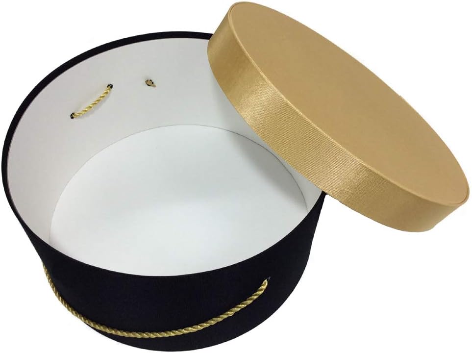 Sarah's Hat Boxes Classic Black/Gold Hat Box – 11" x 5.5" (Dia. x Ht.) Handmade in USA – Odorless Non-Toxic Adhesive, Cording Handle – Premium Storage for Hats & Accessories