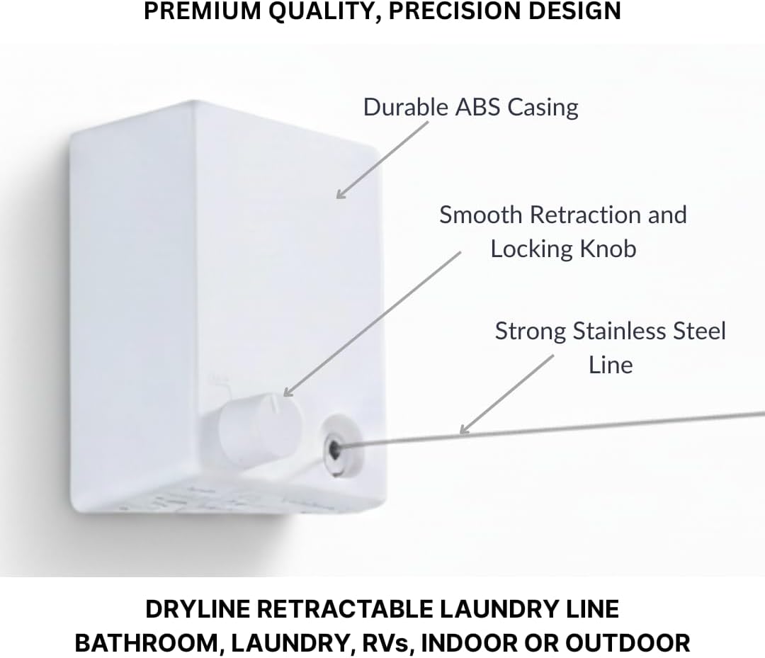 Dryline Retractable Clothesline, White, Indoor Outdoor Wall Mounted Drying Rack, 15kg Weight Capacity, 4.2m Length, for Laundry Room, RV, Bathroom