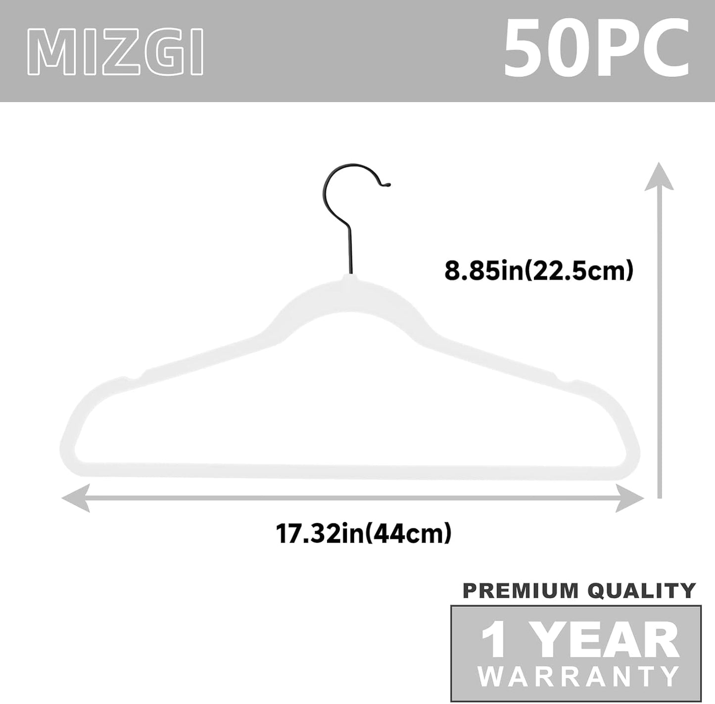MIZGI Premium Velvet Hangers (50 Pack) Heavy Duty - Non Slip Felt Hangers - White Velvet Suit - Black Coated Hooks,Space Saving Clothes