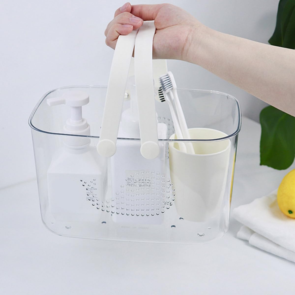 Ergonomic Handle Plastic Storage Basket Bathroom Organizer with Drainage Design Large Capacity Portable Caddy for Household Toiletries and Cleaning Supplies