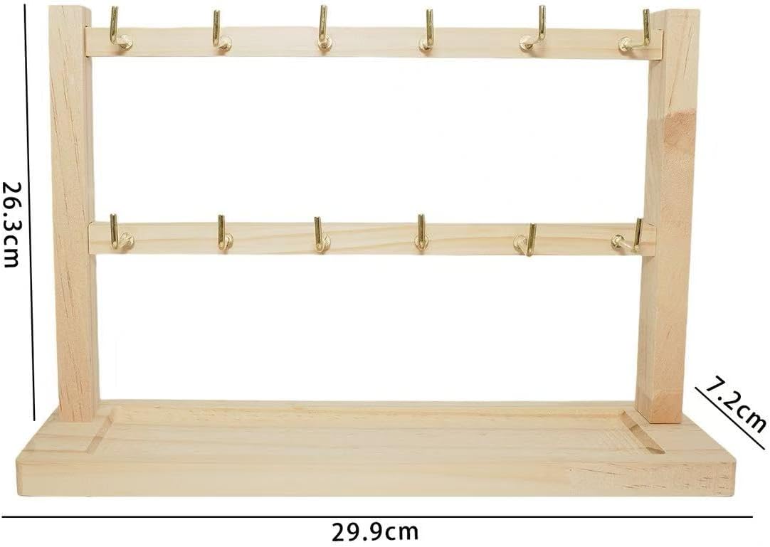 2 Layers of Wooden Display Eacks With Hooks for Necklaces. Rings, Earrings, Bracelets, And Other Jewelry Storage Display Rack