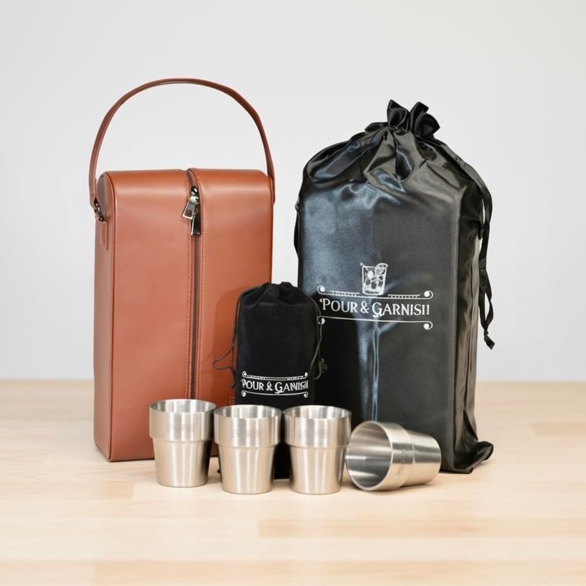 POUR & GARNISH Bourbon, Whiskey & Wine Double Bottle Travel Bag – Vegan Leather Spirits Carrier with 4 Stainless Steel Insulated Glasses & Gift Pouch – Luxury Barware Gift