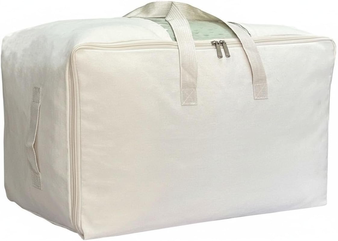 Soft Large Canvas Comforter Storage Bags with Four Carrying Handles and Clear Window, Closet Organizer for Clothing, Blankets Sheets Pillows and Bedding, 80L, Beige
