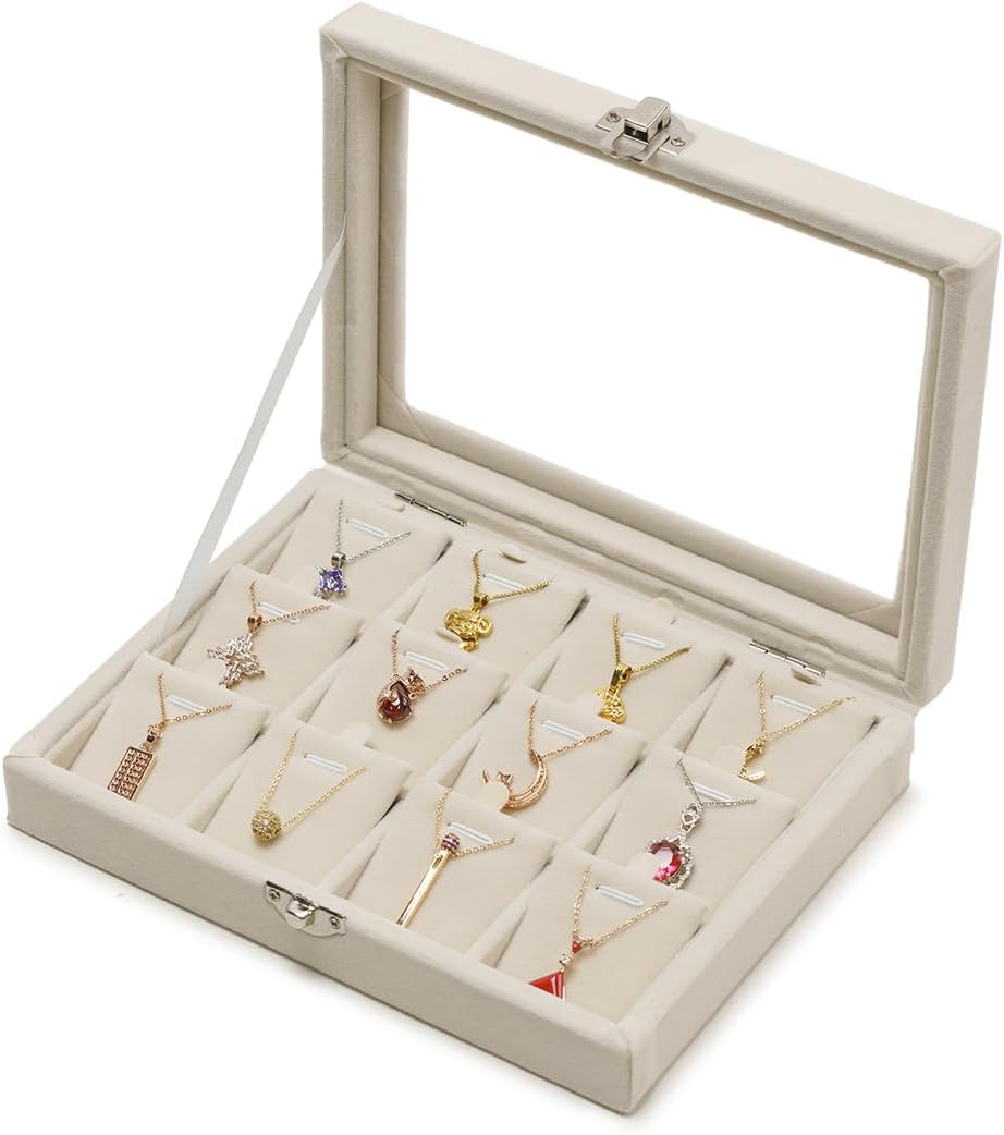 Jewelry Box Necklace Organizer Tray, Beige Necklace Display Case for Storage Jewelry Small Necklaces Display Stand 12 Slot Pendant Holder for Women