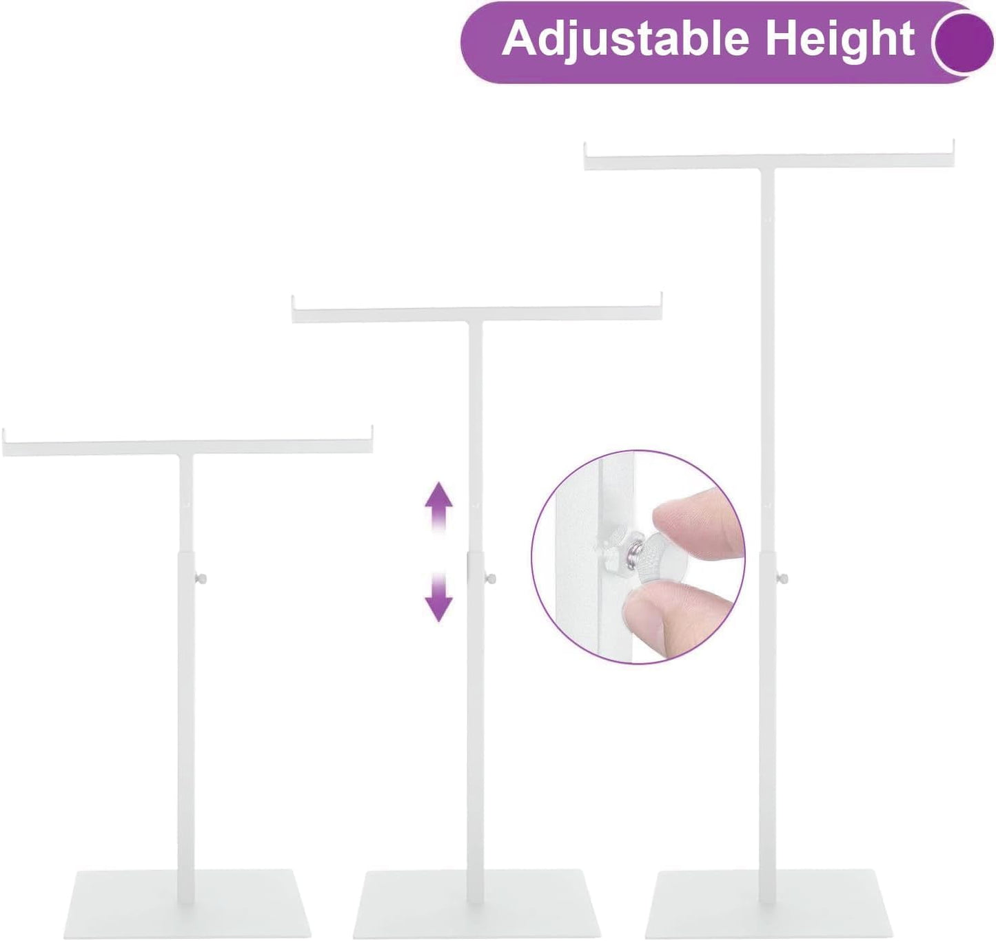 Purse Display Stand T Shaped, Countertop Jewelry/Scarf/Handbag T-Bar Display Stand, Tabletop Double Hook Hanging Stands for Long Necklaces, Metal with Adjustable Height (White, 2Pcs)