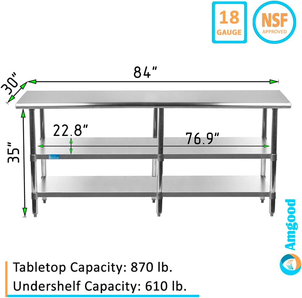 AmGood Stainless Steel Work Table with 2 Shelves | NSF | Metal Utility Table (84" Long x 30" Deep)