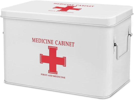 Flexzion First Aid Box Organizer Empty 13" White Vintage First Aid Kit Tin Metal Medical Box - First Aid Storage Box Container Bins with Dividers, Removable Tray and Red Cross Logo