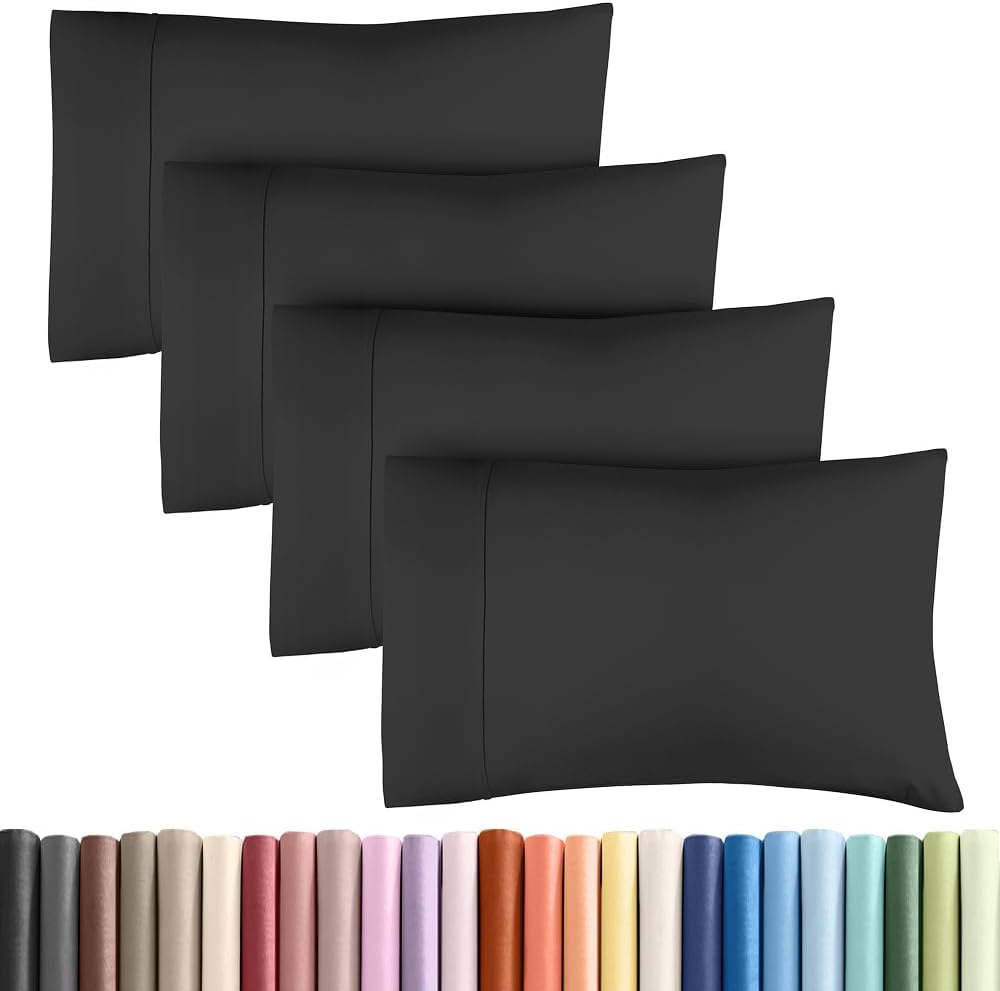 Queen Pillow Cases - 4 Pack - Super Soft Pillowcase Covers - Envelope Enclosure - Hotel Quality Pillow Protectors - Wrinkle Free, Fade, Shrink & Stain Resistant - Machine Washable - 20" x 30" (Black)