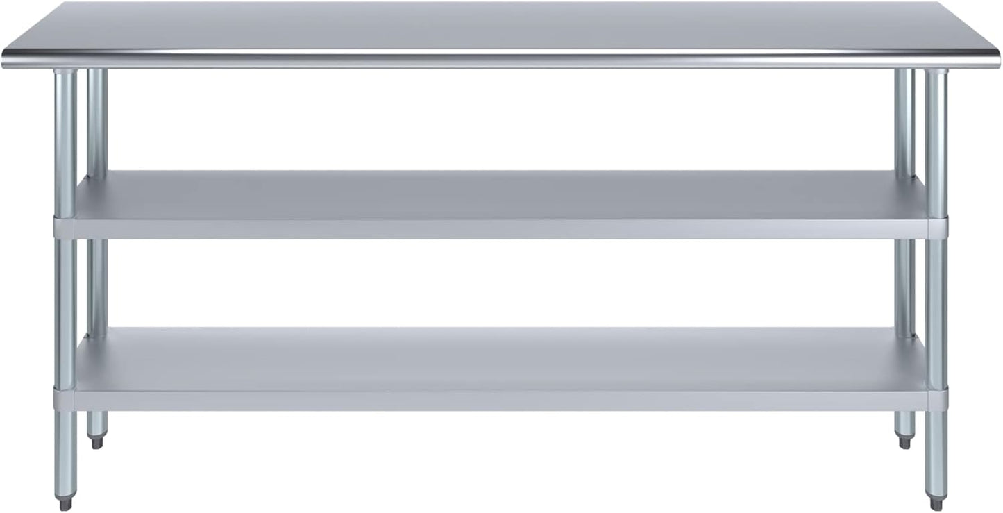 AmGood Stainless Steel Work Table with 2 Shelves | NSF | Metal Utility Table (72" Long x 14" Deep)