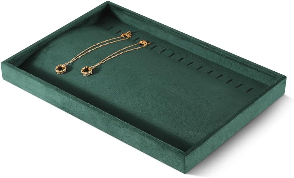 Velvet Jewelry Display Tray For Bracelet Pendant Necklace, Multi-Slot Stackable Storage Tray For Long Chain Jewelries, Drawer Insert Jewelry Organizer (Green)