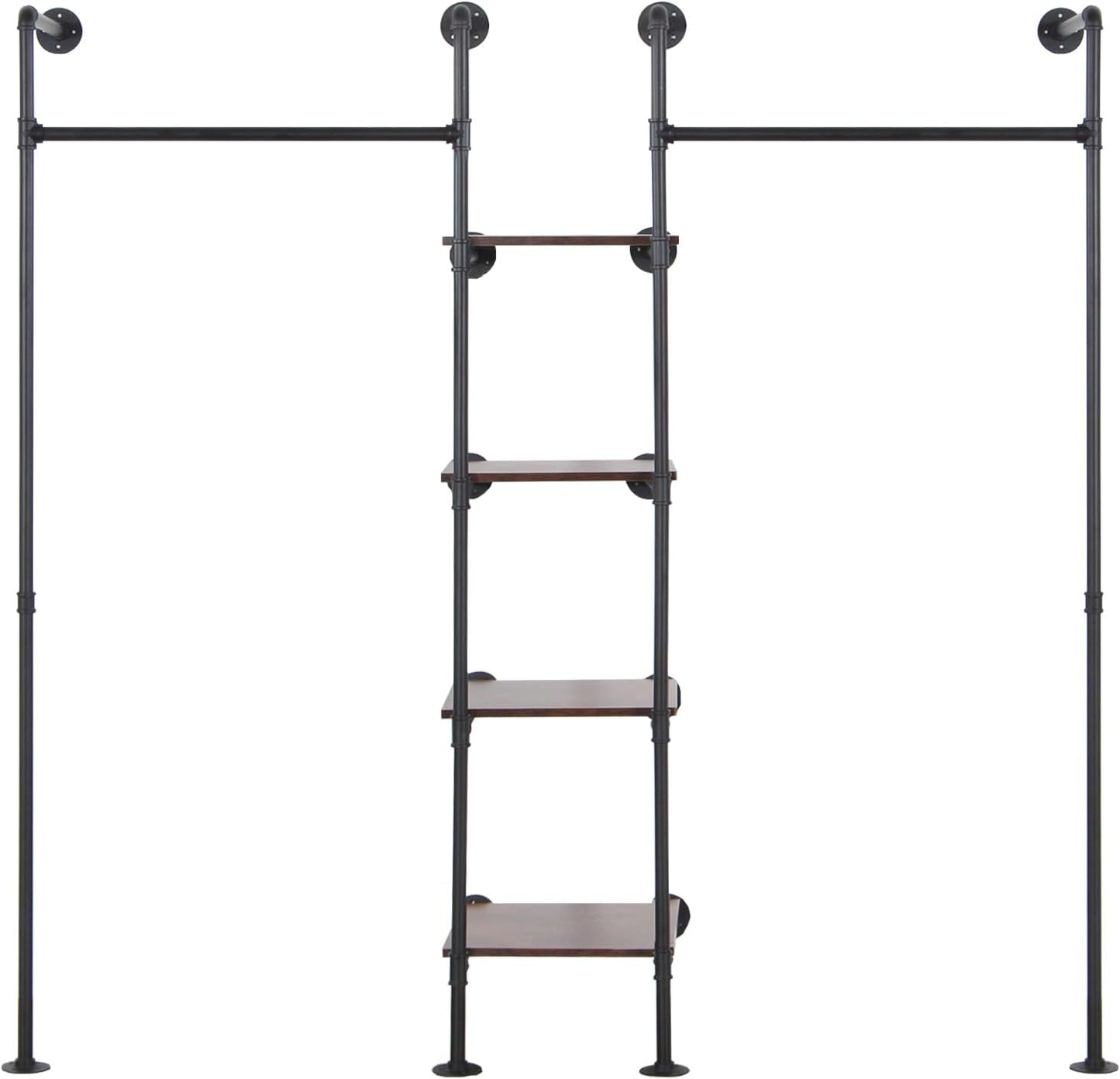 Wall Mounted Industrial Pipe Heavy Duty Clothes Rack, Clothing Rods for Hanging Clothes, Freestanding Clothing Rack with 2 Hang Rods & 4 Shelves, 72.8" W x 17.7" D x 71" H