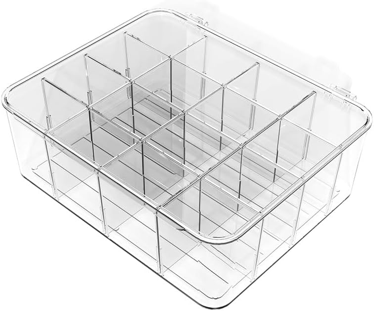Tea Bag Organizer with Lid, Acrylic Tea Bag Holder for Kitchen Cabinet and Countertop, Stackable 16-Compartment Tea Organiser Box for Tea Bags, Coffees, Sugar, Sweeteners, and Drink Packets Storage