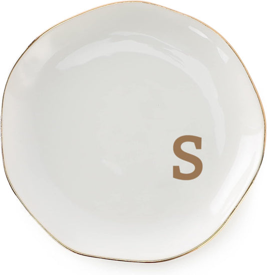 Initials Ring Dish Jewery Tray with Personalized S-Monogrammed Gifts Wedding Engagement for Women Friends Sister,Ceramic White