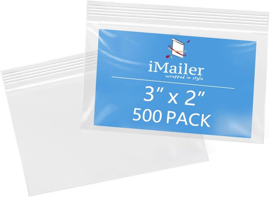 iMailer - 3" x 2" 500 Pack- 2 Mil Resealable Zip Bags- Small Clear Plastic Bags for Storage, Organizing, Crafts, Snacks, Jewelry, Hardware