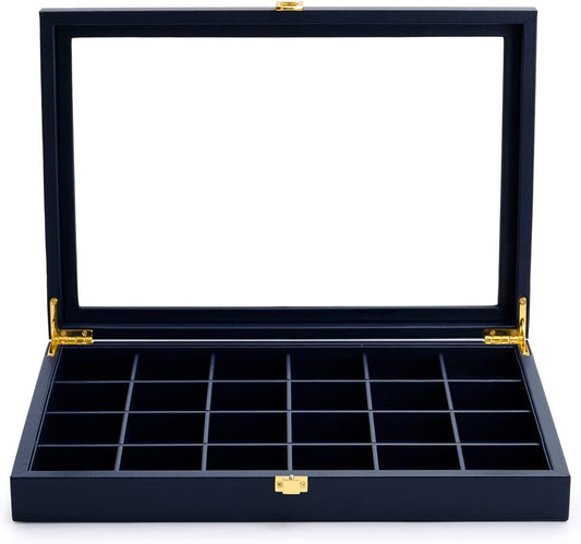 Oirlv Premium Blue Leather 24 Grid Jewelry Tray with Transparent Lid Earrings Rings Organizer Box Stackable Jewelry Box Drawer Inserts Women Gift
