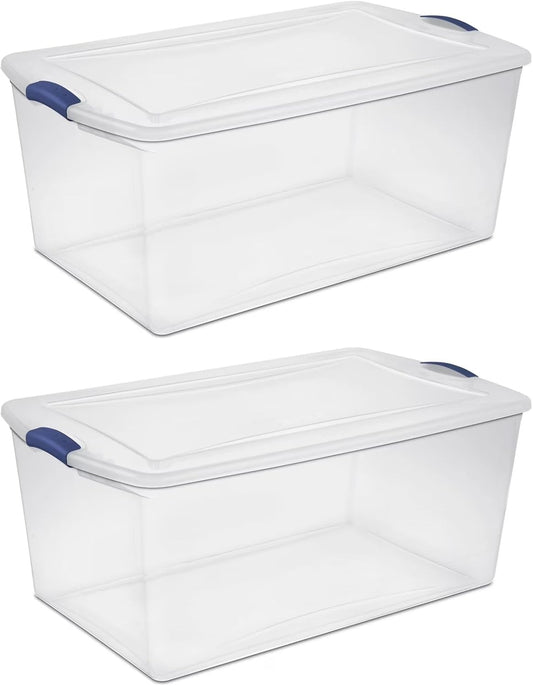2-Pack 105 Quart Heavy Duty Plastic Storage Bins, Stackable Containers with Clear Lids & Blue Latches for Bedding, Clothing, Holiday Decor - Ideal for Garage & Closet