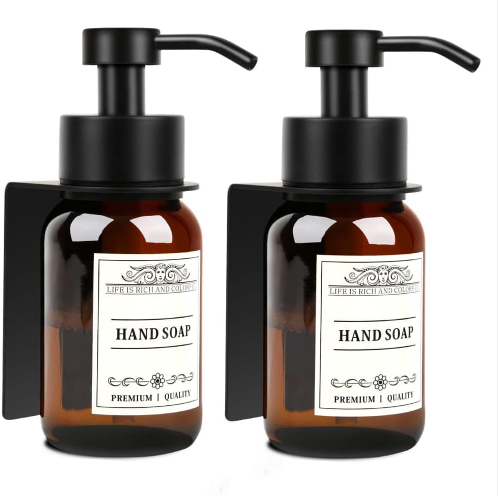 8.5oz Glass Soap Dispenser 2 Pack - Shampoo,Conditioner and Dish Soap Dispenser with Pump,Wall Mount Holder and Waterproof Labels for Kitchen and Bathroom (Brown)