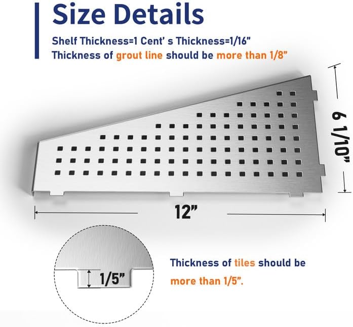 Corner Shower Shelf, 12" Trapezoid Grout in Shelf, 304 Stainless Steel Grid Design Recessed Bathroom Shelf for Tiled Wall
