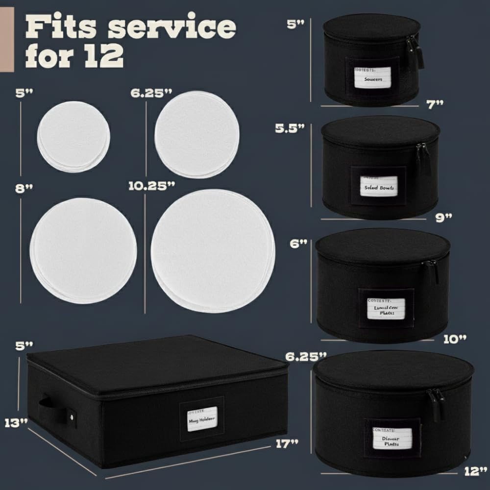 Hard Shell China Storage Containers 5-Piece Set Moving Boxes for Dinnerware, Glasses, Plates, Mugs and Saucers Sturdy Dish Organizer with Dividers for Seasonal Storage - Service for 12 - Black Quilted