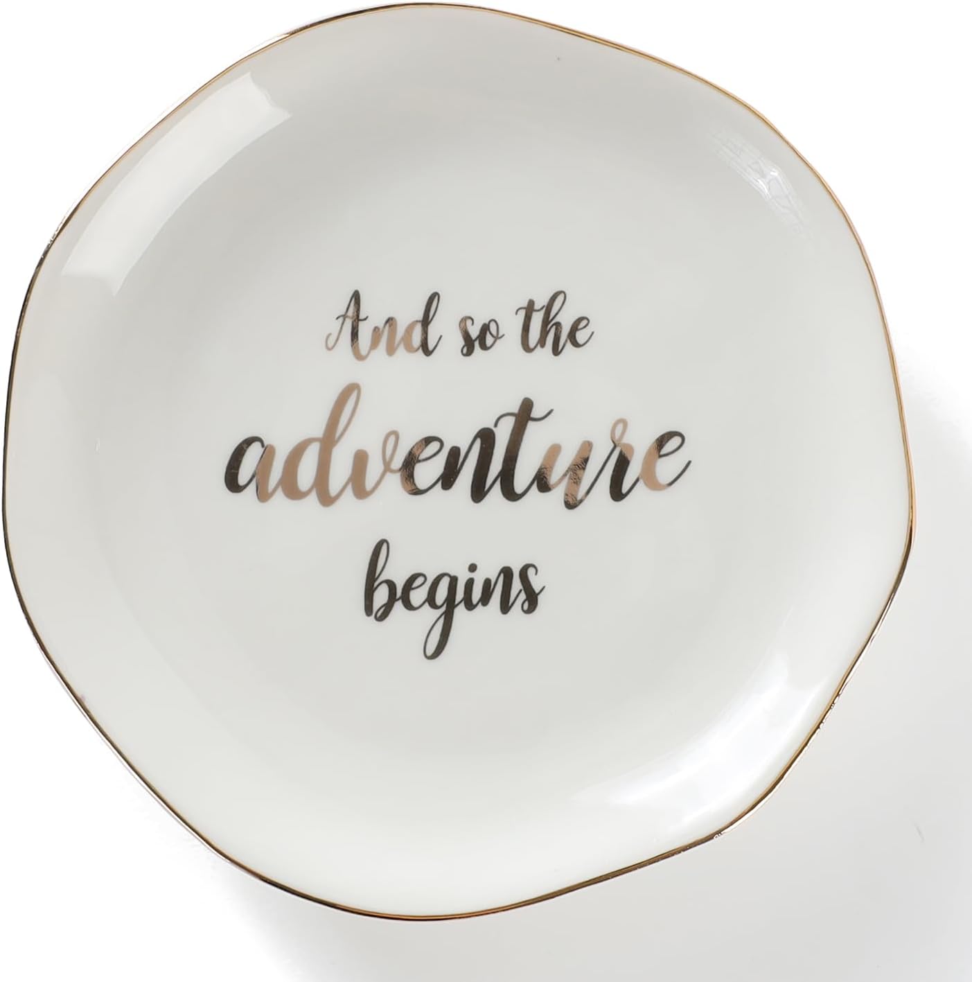 HOME SMILE And So The Adventure Begins Ring Dish-Inspirational Bridal Shower, Bachelorette Party, Engagement Wedding Gifts, Congratulation Present for New Chapter,Ceramic White
