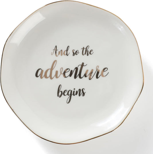 HOME SMILE And So The Adventure Begins Ring Dish-Inspirational Bridal Shower, Bachelorette Party, Engagement Wedding Gifts, Congratulation Present for New Chapter,Ceramic White