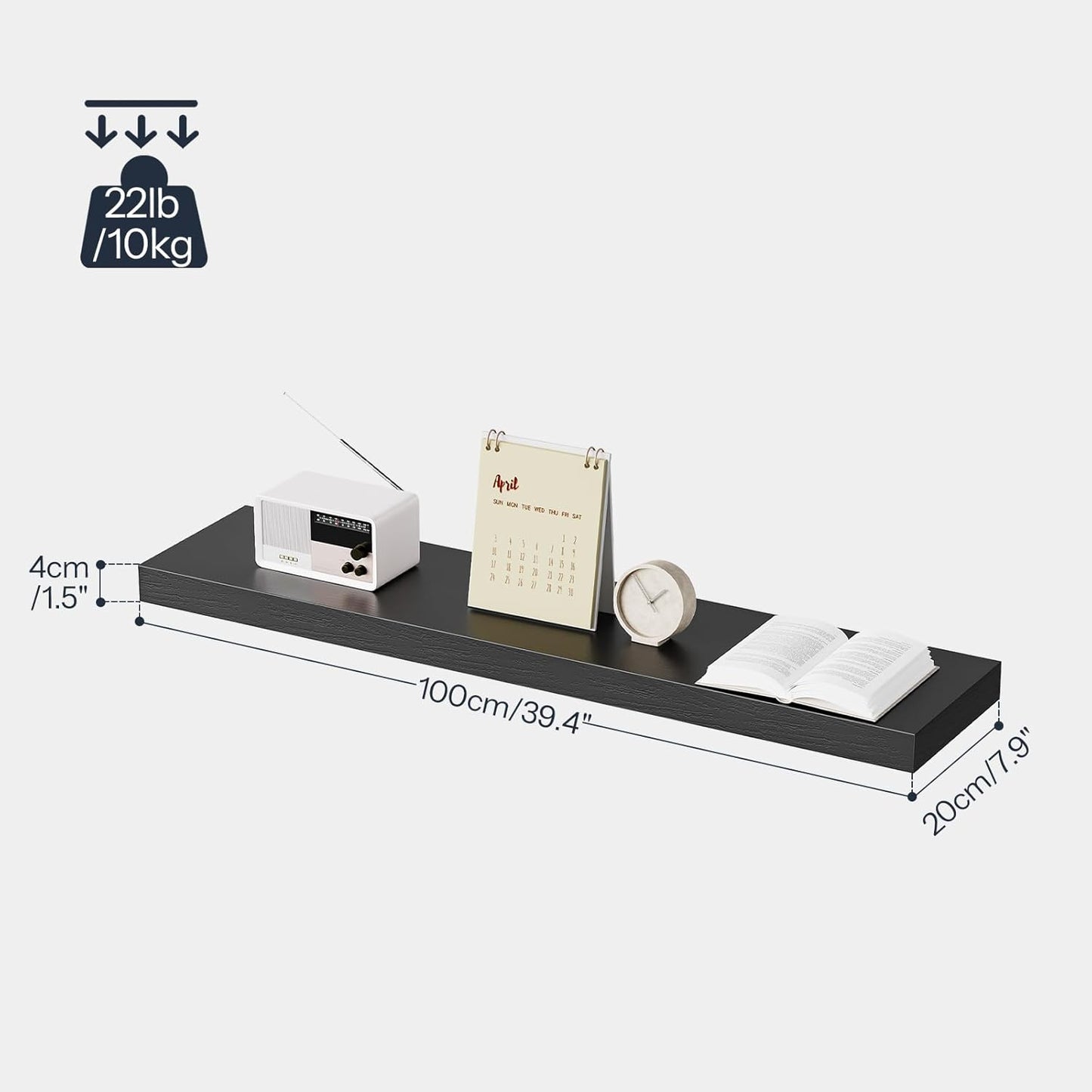 HOOBRO Floating Shelves for Wall, Wall Mounted Shelf Set of 2, 39.4" Hanging Shelf with Invisible Brackets, for Wall in Bathroom, Bedroom, Toilet, Kitchen, Living Room, Office, Black BK100BJP201