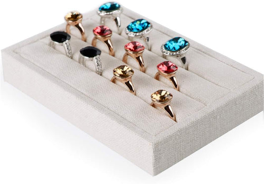 Oirlv linen 3 Slots Ring Earrings Display Trays Showcase Jewelry Organizer (creamy-white,rectangle)