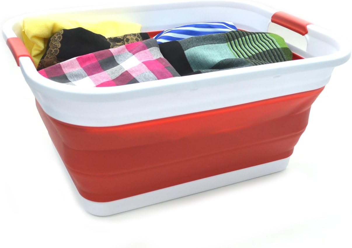 SAMMART 41L (10.8 gallon) Collapsible Plastic Laundry Basket-Foldable Pop Up Storage Container/Organizer-Portable Washing Tub-Space Saving, Water capacity: 32L (8.4 gallon) (Rectangular, Red)